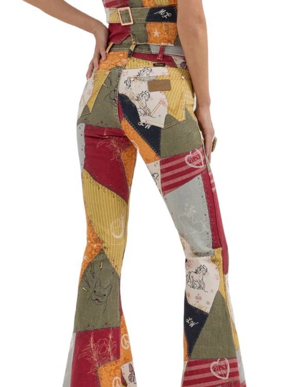 Wrangler Lainey Wilson Patchwork Jeans — Burgundy, Mustard, Olive, Cream - Picture 2 of 8